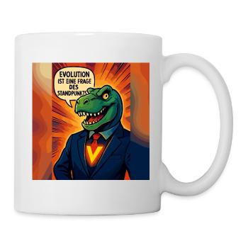 Dino im Anzug – Evolution ist Ansichtssache - Tasse - Weiß - Rechts