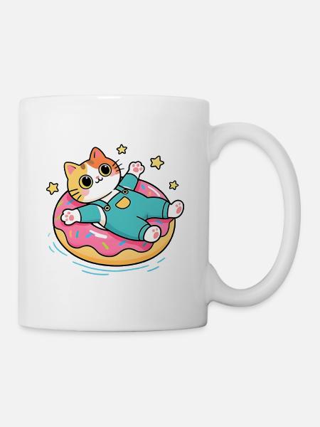 Chat sur donut flottant pastel - Mug blanc - blanc