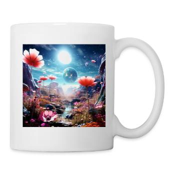 Ferne Blütenwelt im Sternenhimmel - Tasse - Weiß - Rechts