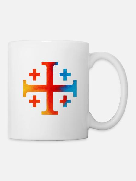 Kairos Kreuz (Jerusalemkreuz) – Feuerschein & Azur - Tasse - Weiß