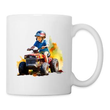 Boy on toy tractor with paint splash - Mug - white - Right