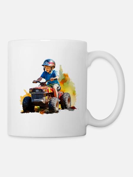 Junge auf Spielzeugtraktor mit Farbspritzer - Tasse - Weiß