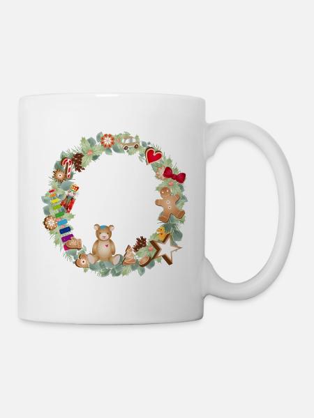Bunter Weihnachtskranz mit Spielzeug und Lebkuchen - Tasse - Weiß
