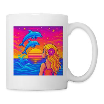 Delfin-Sonnenuntergang-Neon-Porträt - Tasse - Weiß - Rechts