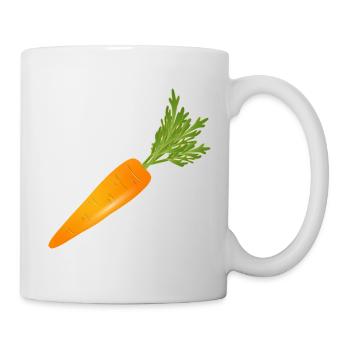 Leuchtend orangefarbene Karotte mit Grün - Tasse - Weiß - Rechts