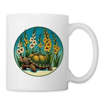 Sonnenbeschienene Schildkröte im Blumenbeet - Tasse - Weiß - Rechts