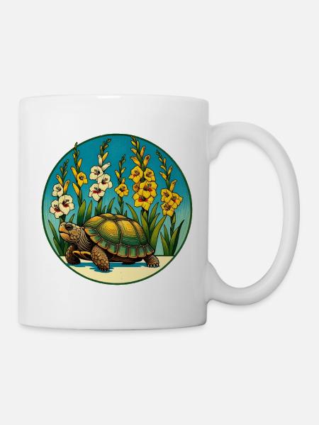 Sonnenbeschienene Schildkröte im Blumenbeet - Tasse - Weiß