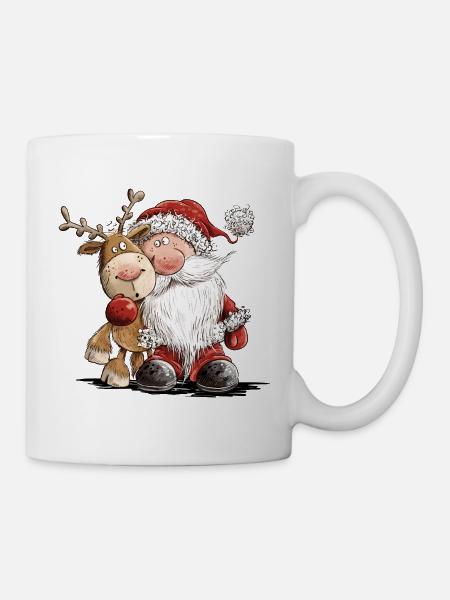 Drolliger Weihnachtsmann und sein Rentier  - Tasse - Weiß