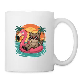 Lustiger Waschbär entspannt sich auf Flamingo Float Sunset - Tasse - Weiß - Rechts