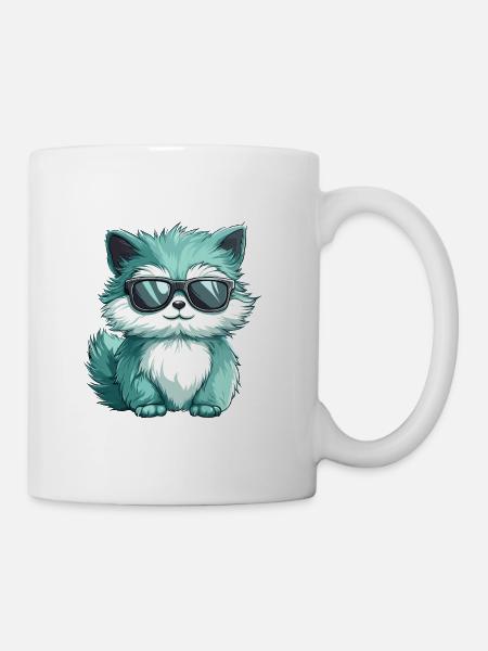 Cute Fluffy Cat Cartoon Kawaii Wearing Sunglasses - Mug - white