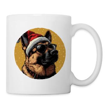 Weihnachtshund mit Santa-Hut und Sonnenbrille - Tasse - Weiß - Rechts