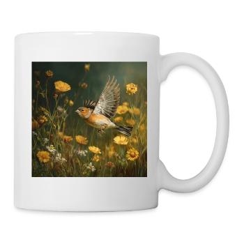 Chaffinch in a sea of flowers Flight through the summer day - Mug - white - Right