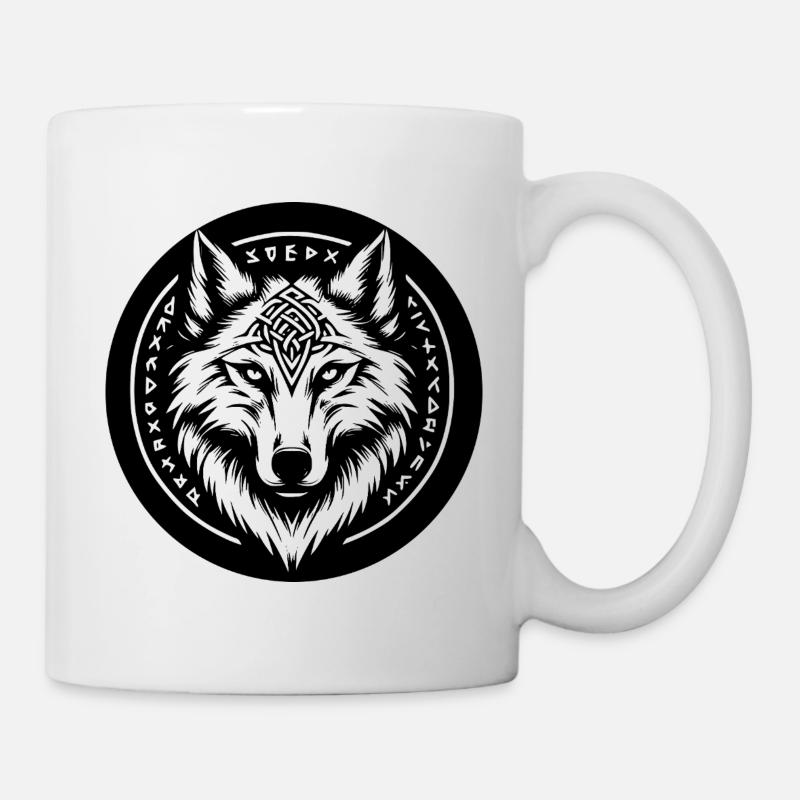 Wolf with Nordic symbols - Mug - white