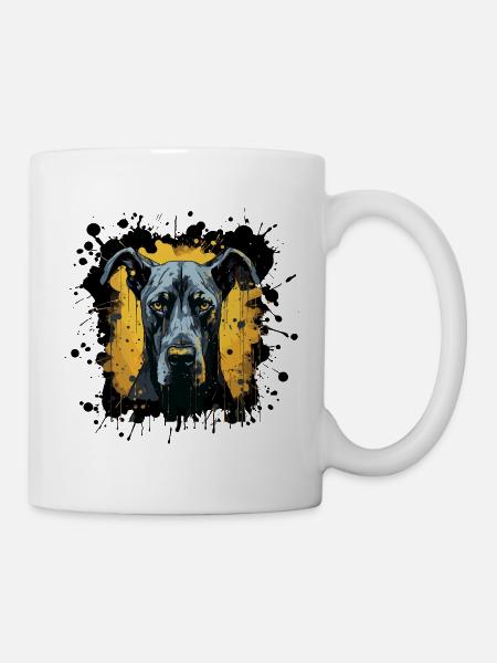 Blaues Hundeporträt mit Farbspritzern - Tasse - Weiß