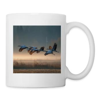 Grues grises, brume matinale, oiseaux migrateurs, lumière dorée - Mug blanc - blanc - Droite