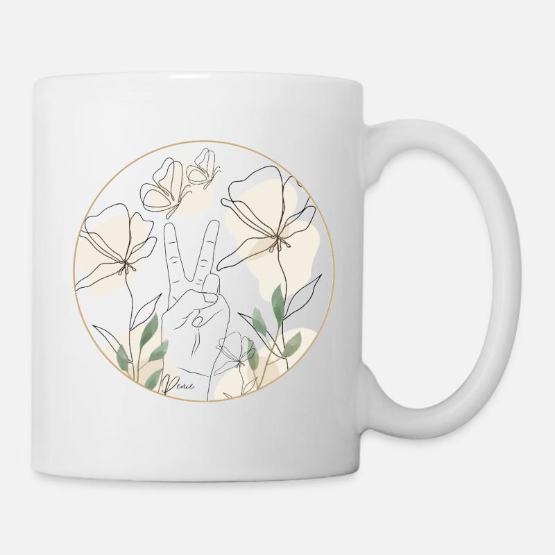 Frieden - Hand und Blüten - Linienkunst - peace - Tasse - Weiß