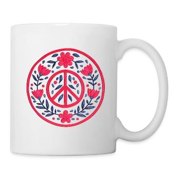 Florales Peace Mandala in Rot und Blau - Tasse - Weiß - Rechts