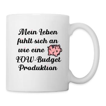 Low Budget Mood – Funny Broken Piggy Bank Cartoon - Mug - white - Right