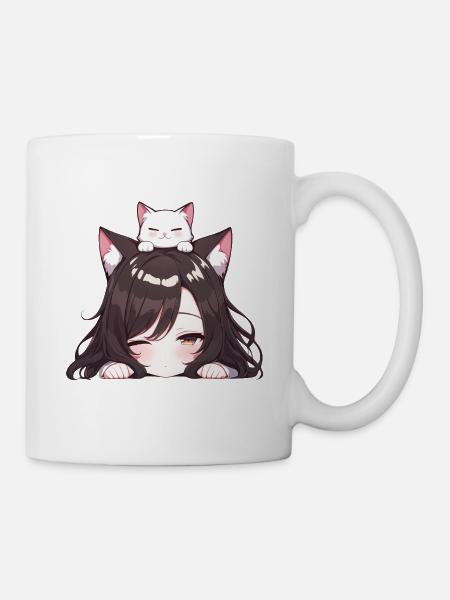 Anime Mädchen mit Katze Neko Girl - Tasse - Weiß