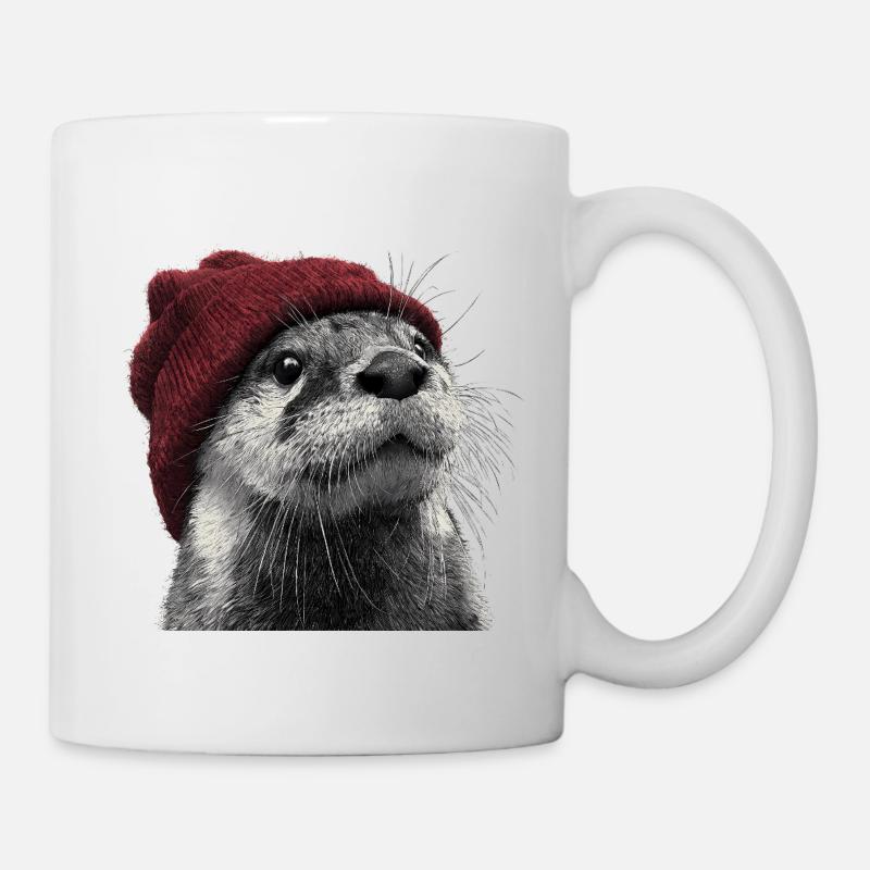 Otter mit roter Mütze – Winter Tier Illustration - Tasse - Weiß