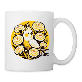 Sonnenbeschienener Nymphensittich in Ringelblumen - Tasse - Weiß - Rechts