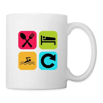 Essen, schlafen, schwimmen, wiederholen, lustiges Zitat, Schwimmbad - Tasse - Weiß - Rechts