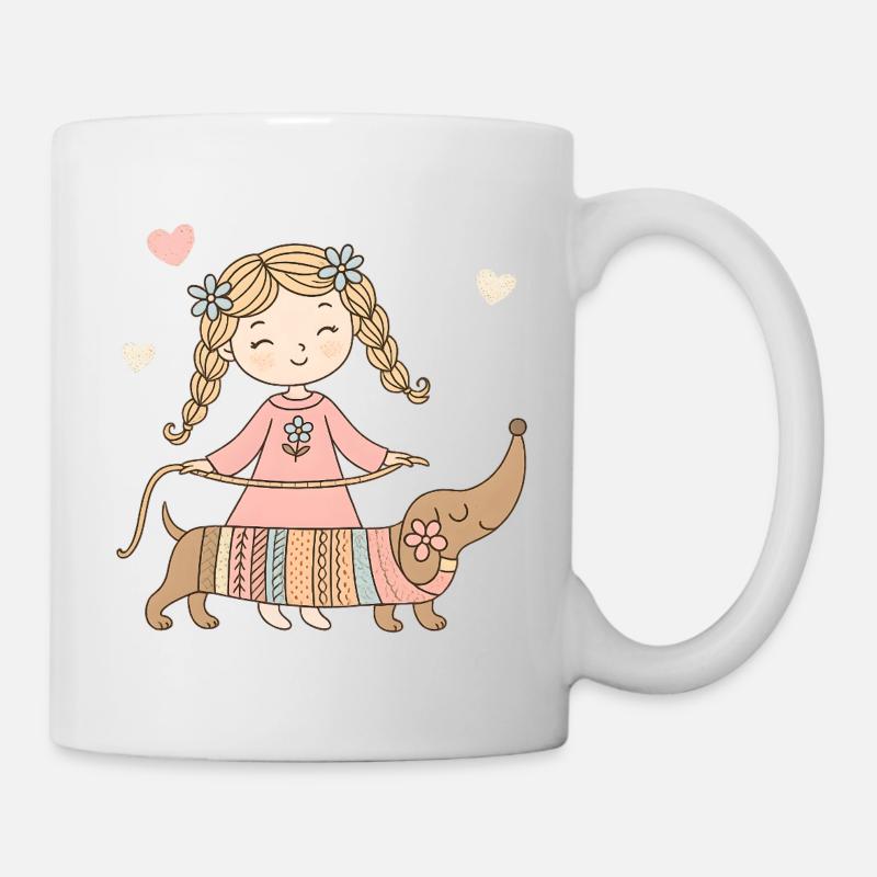 Mädchen mit Dackel – Süßes Kinder Tier Design - Tasse - Weiß