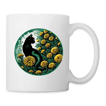 Mitternachtskatze zwischen goldenen Ringelblumen - Tasse - Weiß - Rechts