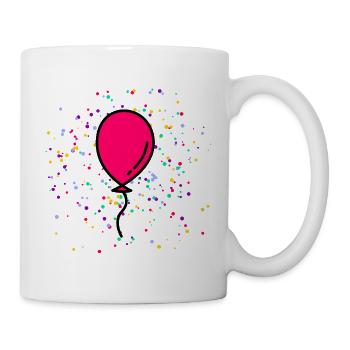 pinkter Geburtstag Luftballon vor buntem Konfetti - Tasse - Weiß - Rechts