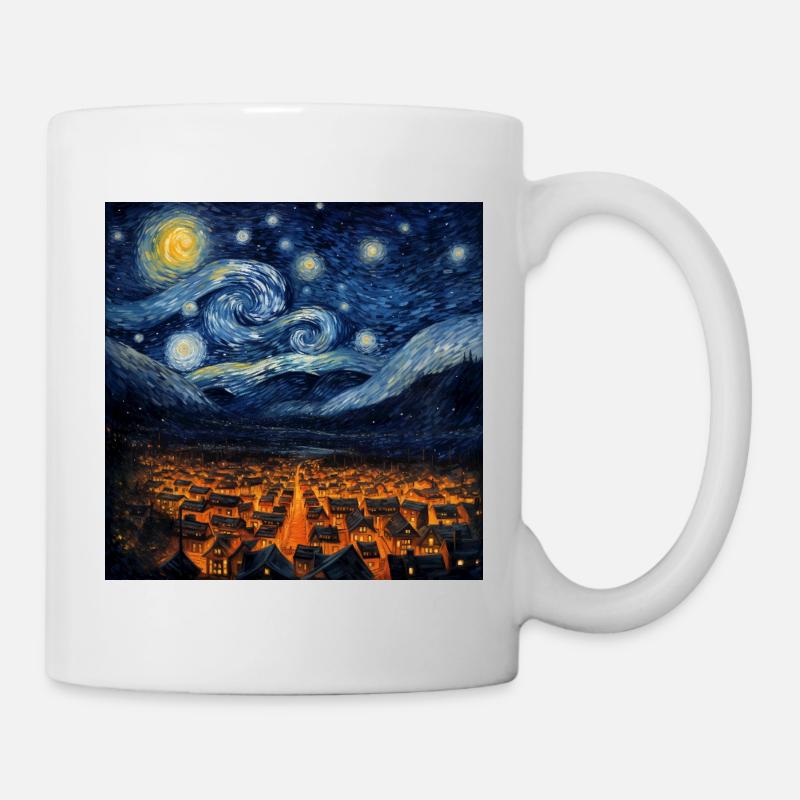 Whirling night over shining village - Mug - white