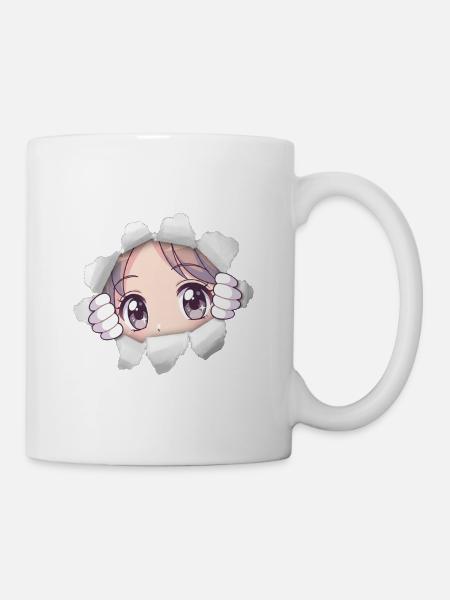 Anime-Mädchen-Augen, die hervorlugen, zerrissene Papier-Manga-Kunst - Tasse - Weiß