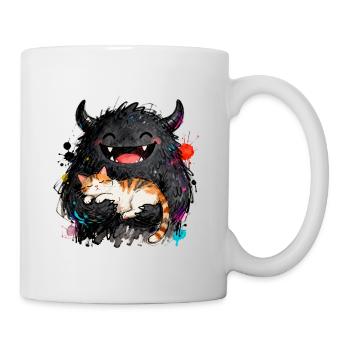 Kuscheliges lachendes Monster mit Katze im Arm - Tasse - Weiß - Rechts