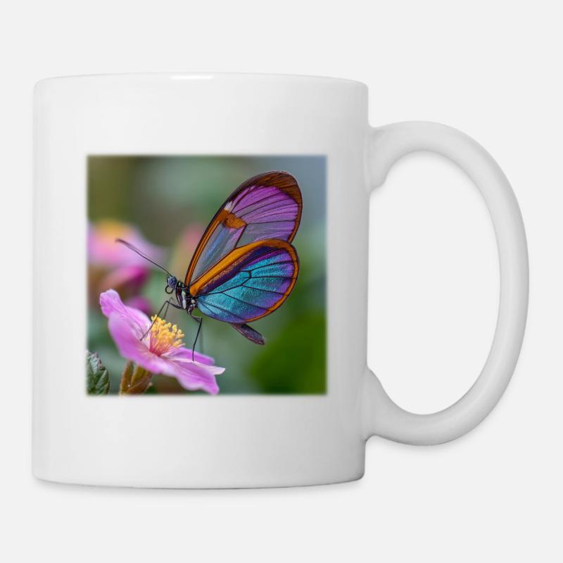 Iridescent butterfly on delicate flower - Mug - white