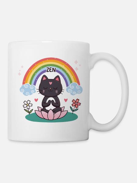 Zen-Katze auf Lotus und Regenbogen - Tasse - Weiß