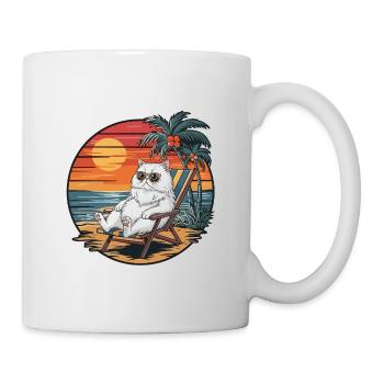 Lustige Perserkatze am Strand, Sommerurlaub Sonnenuntergang - Tasse - Weiß - Rechts