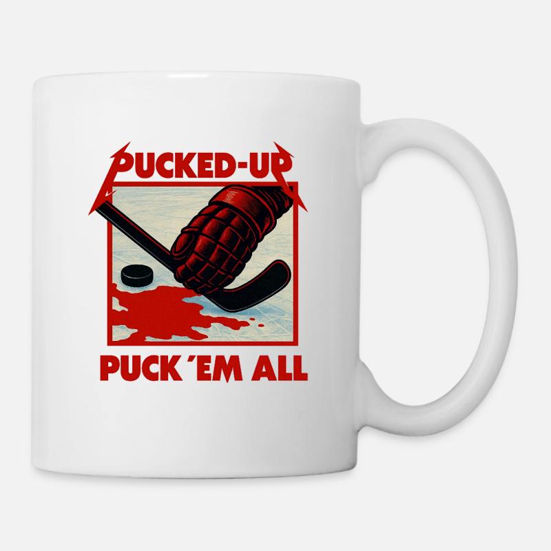 Graphique de hockey rouge sang avec un palet - Mug blanc - blanc