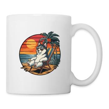 Lustiger Husky-Hund am Strand, Sommerurlaub Sonnenuntergang - Tasse - Weiß - Rechts