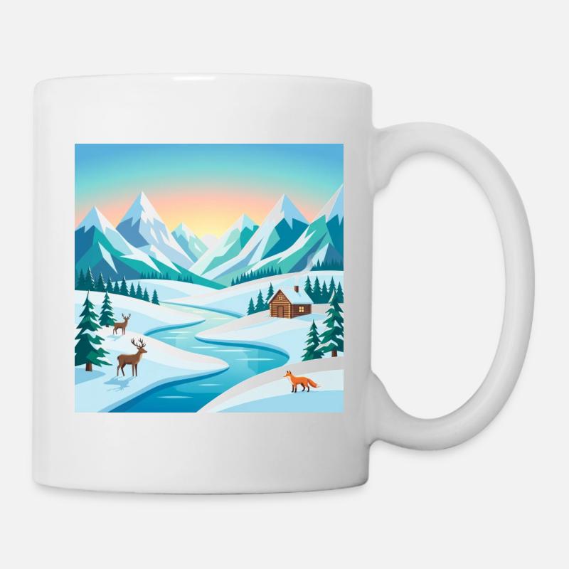 Paysages alpins d’hiver avec cerfs et huttes - Mug blanc - blanc