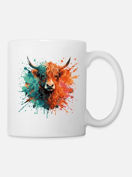 Peinture aquarelle de bétail des Highlands – Art animalier en couleur éclaboussée - Mug blanc - blanc