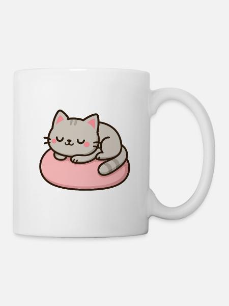 Süße Katze auf rosa Kissen - Tasse - Weiß