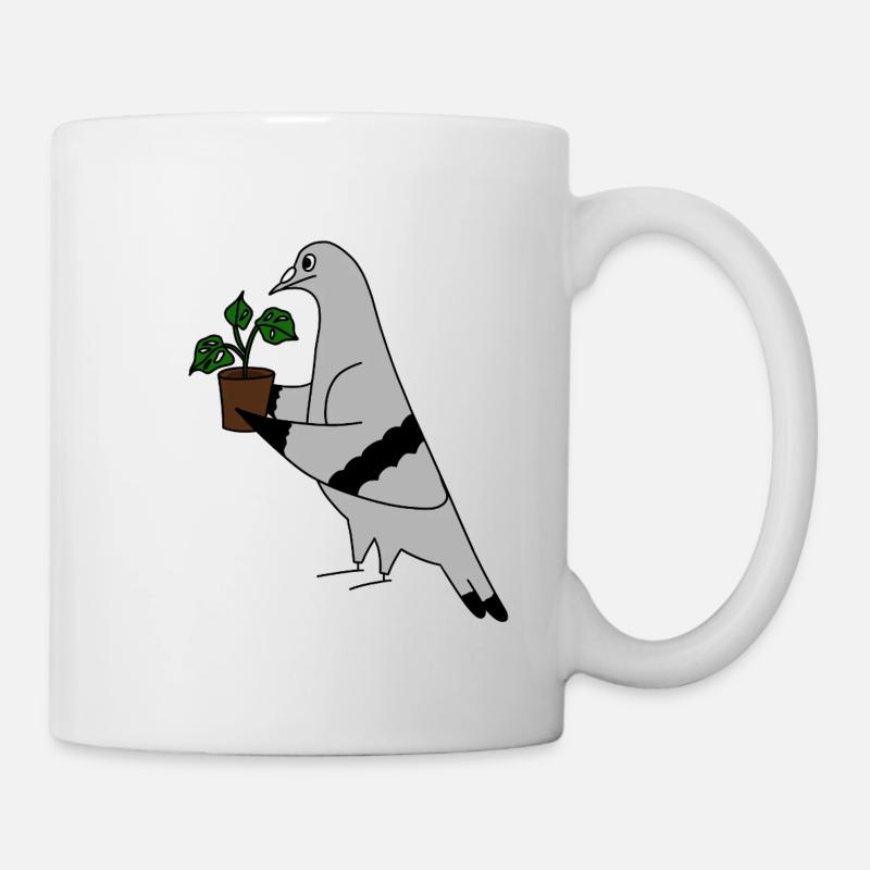 Pigeon with Plant – Illustration urbaine minimaliste - Mug blanc - blanc