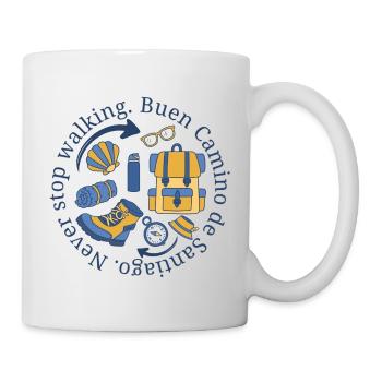 Buen Camino hört nie auf, in Blau und Gelb zu gehen. - Tasse - Weiß - Rechts