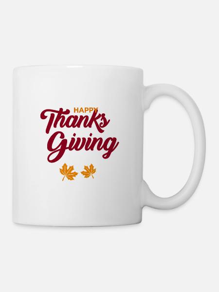 Frohes Thanksgiving-Skript mit Blättern - Tasse - Weiß