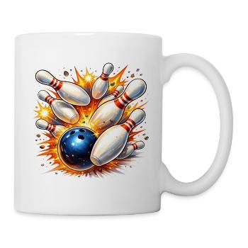 Bowlingkugel räumt Kegel ab – Volltreffer - Tasse - Weiß - Rechts