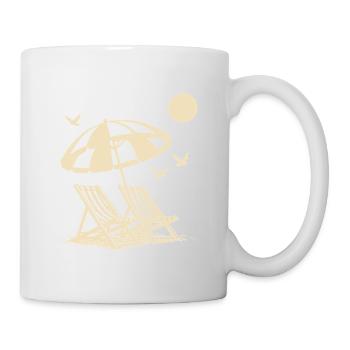 Beach holiday with sun loungers under umbrella - Mug - white - Right