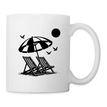 Beach holiday with sun loungers under umbrella - Mug - white - Right