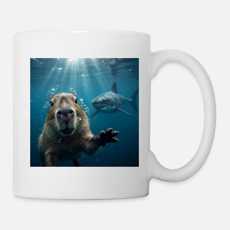 Selfie sous-marin de capybara avec un requin - Mug blanc - blanc
