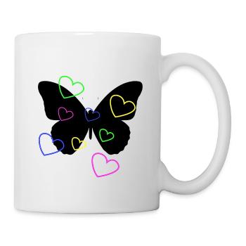 Mehrfarbige Neonherzen auf Schmetterling - Tasse - Weiß - Rechts