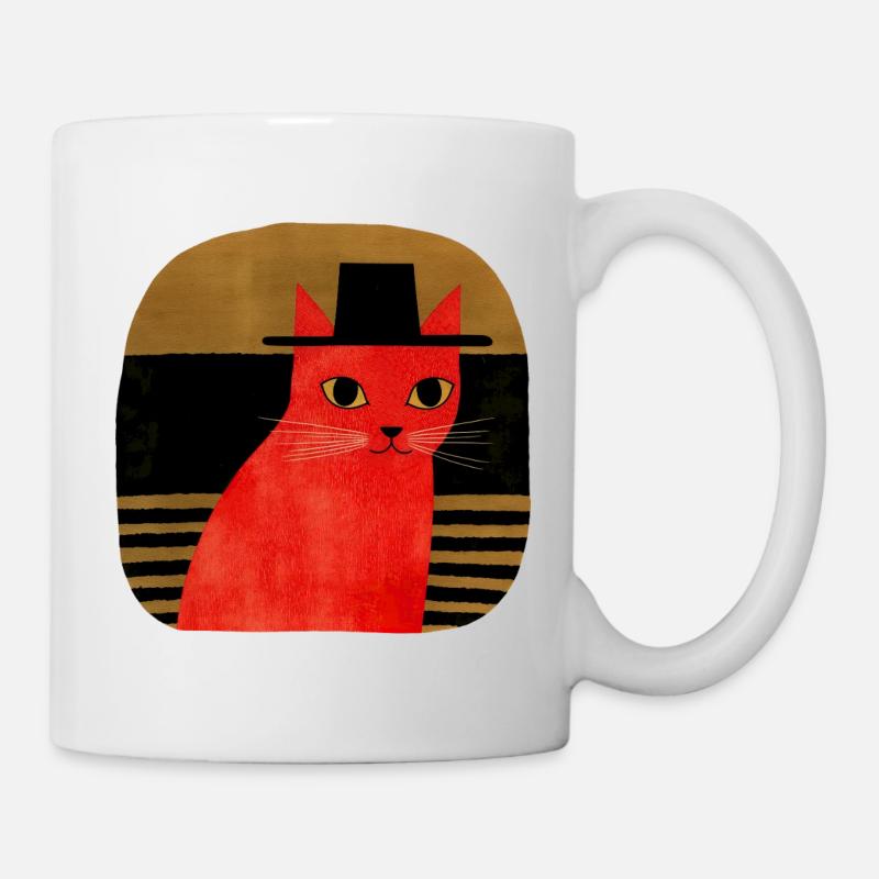 Rote Katze mit Hut Retro Art - Tasse - Weiß