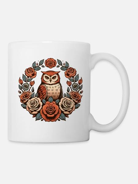 Eule im Rosen-Blumenkreis - Tasse - Weiß